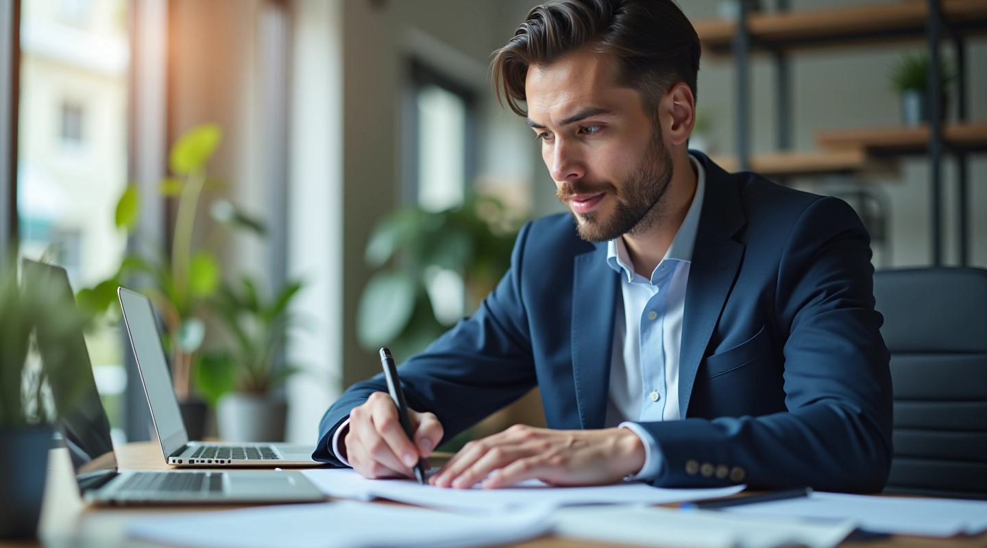 Professional accountant reviewing digital tax documents on computer screen in modern office environment
