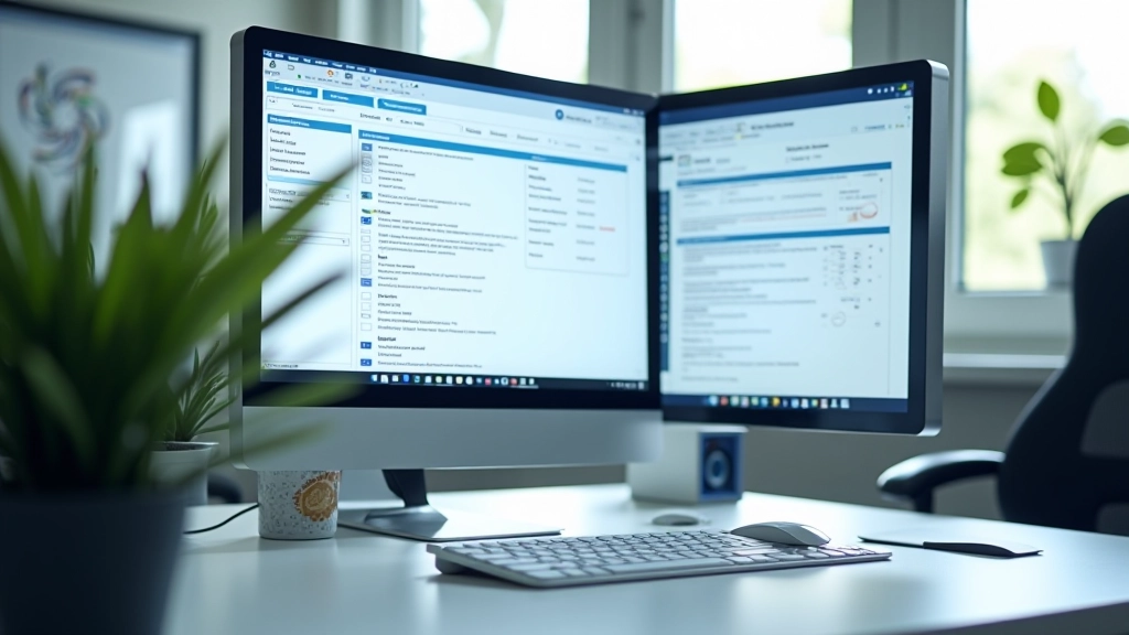 Modern computer workstation with accounting software displayed on monitors in clean office