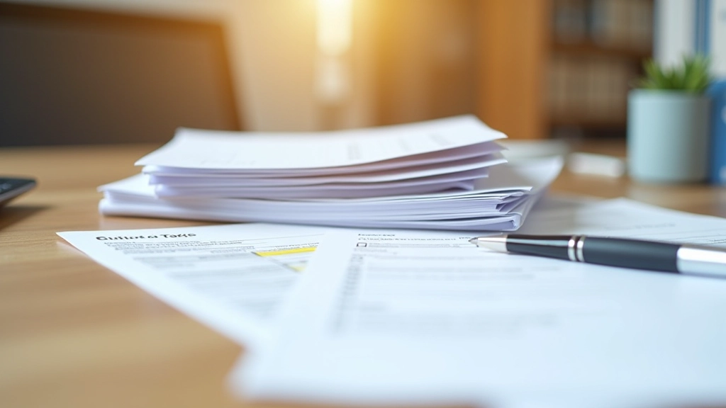 Stack of tax forms and CRA compliance documents arranged on office desk