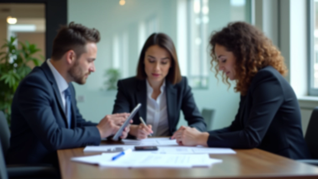Three accounting professionals collaborating at desk with documents and computer screens
